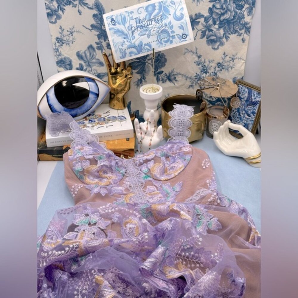 🆕 BRONX & BANCO 🧿 NWOT Eva Embroidered High-Low Midi Dress, Purple Sz XS US 2 - Picture 2 of 15